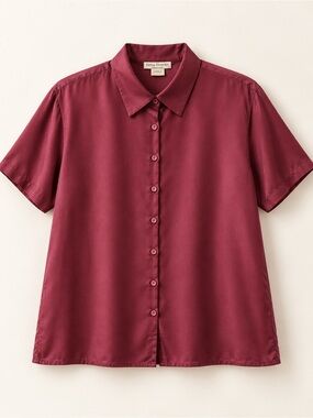 Rena Rowan Short-Sleeve Button-Down Shirt - Burgundy 100% silk